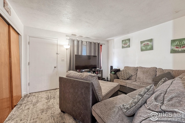 carpeted living room featuring a textured ceiling