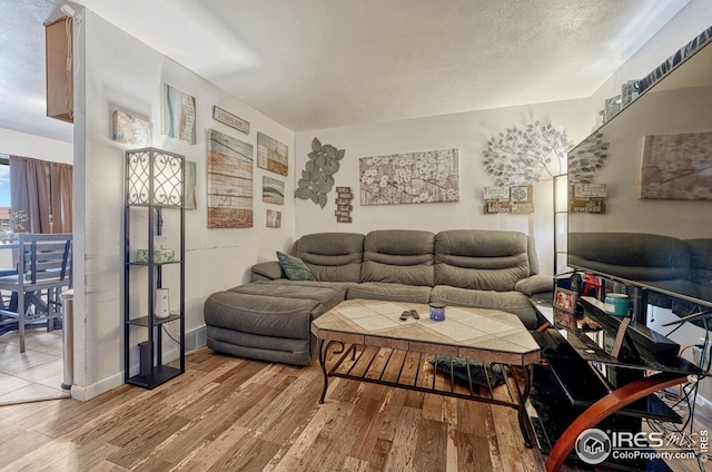 living room with hardwood / wood-style floors and a textured ceiling