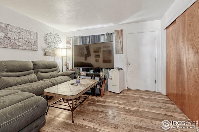 living room with hardwood / wood-style floors and a textured ceiling