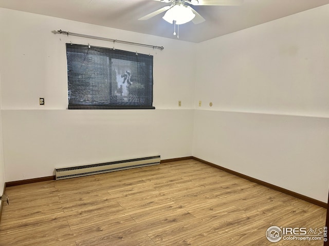 empty room featuring light hardwood / wood-style floors, a baseboard radiator, and ceiling fan