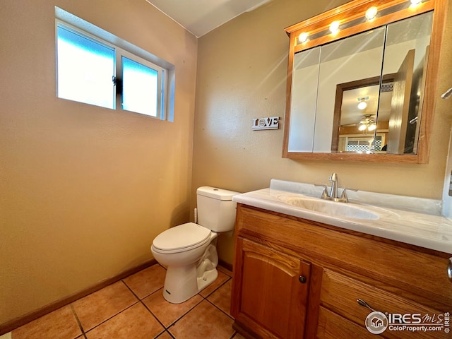 bathroom with vanity, ceiling fan, toilet, and tile patterned floors