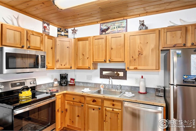 kitchen featuring wood ceiling, appliances with stainless steel finishes, and sink