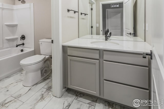 full bathroom featuring toilet, shower / washtub combination, and vanity