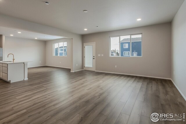 unfurnished living room with dark hardwood / wood-style floors and sink