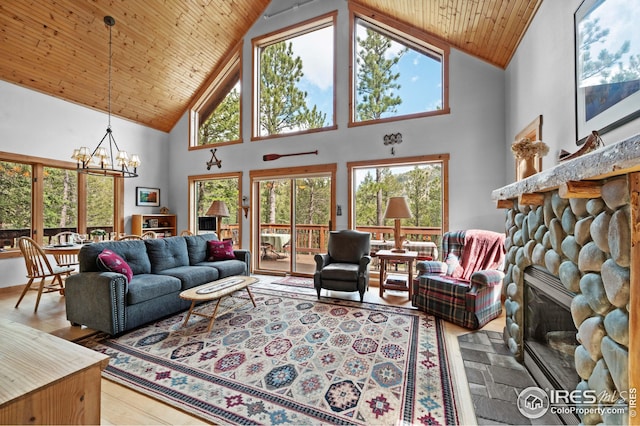 living area featuring a fireplace, high vaulted ceiling, a chandelier, and wooden ceiling