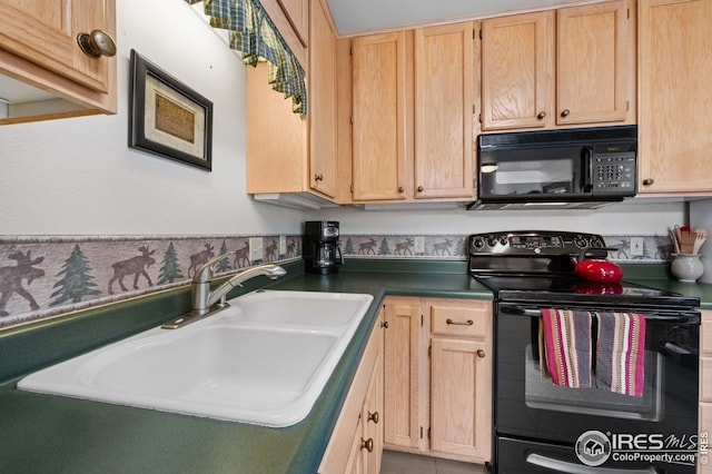kitchen with light brown cabinetry, black appliances, and a sink