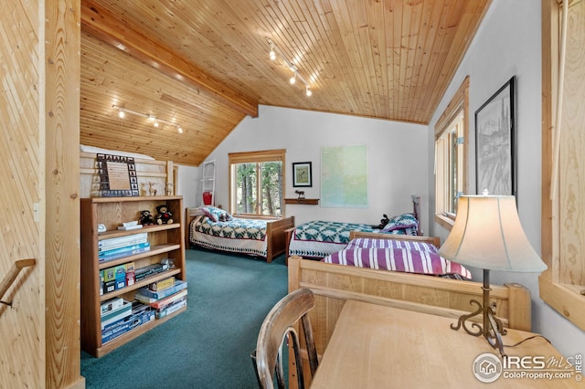 carpeted bedroom with vaulted ceiling and wooden ceiling