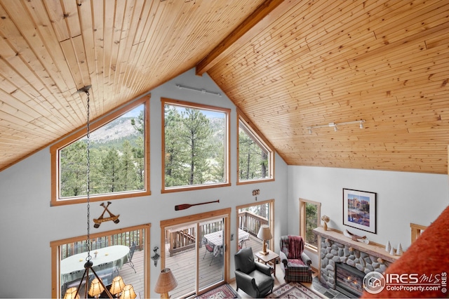 living room with wood ceiling, a fireplace, high vaulted ceiling, and beamed ceiling