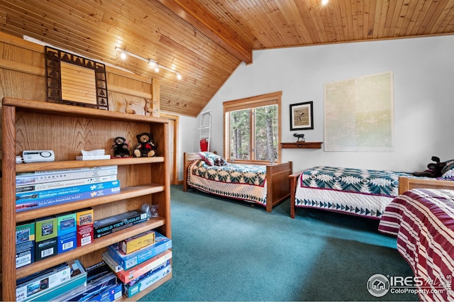 bedroom featuring wood ceiling, carpet, and lofted ceiling with beams