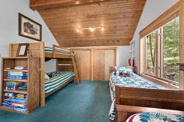 carpeted bedroom featuring wooden ceiling and lofted ceiling with beams