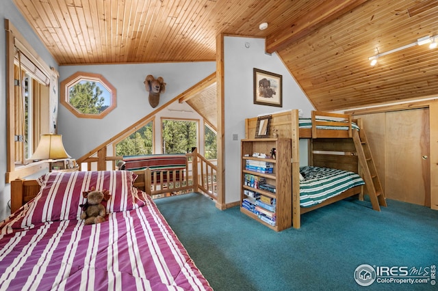 bedroom featuring lofted ceiling with beams, wood ceiling, carpet flooring, and access to outside