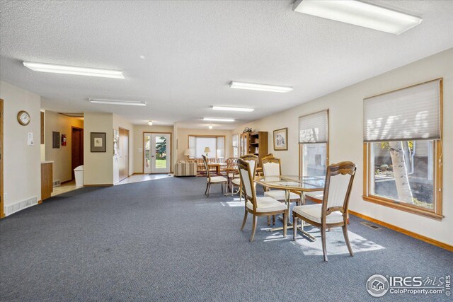 carpeted dining room with visible vents, a textured ceiling, and baseboards