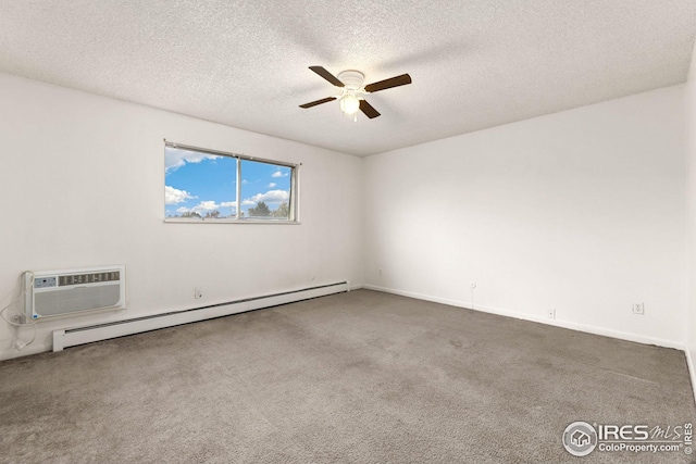 carpeted empty room with a wall mounted air conditioner, a textured ceiling, baseboard heating, and ceiling fan