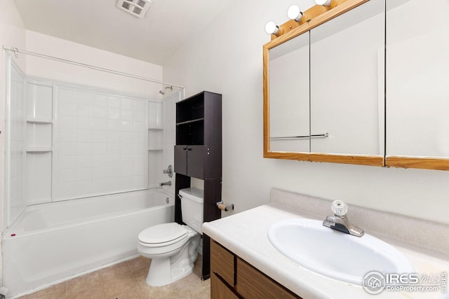 full bathroom with toilet, shower / tub combination, vanity, and tile patterned floors