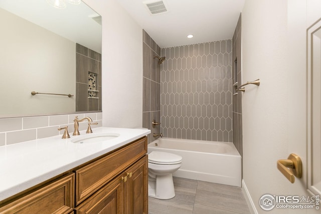 full bath featuring toilet, visible vents,  shower combination, and vanity