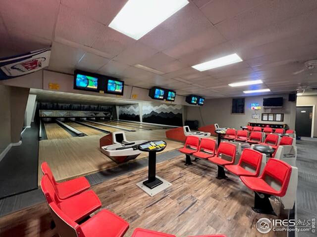 playroom with hardwood / wood-style floors and a bowling alley