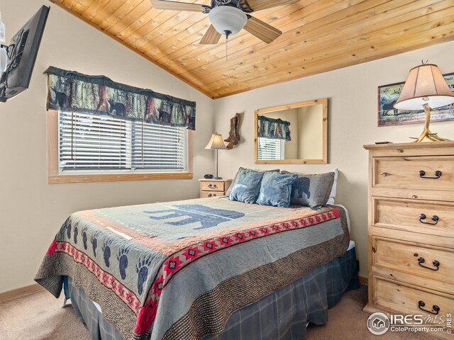 bedroom featuring carpet flooring, ceiling fan, wooden ceiling, and lofted ceiling