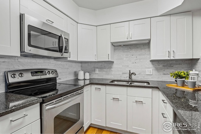 kitchen with stainless steel appliances and white cabinetry