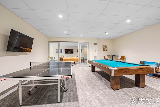 playroom with carpet flooring, a paneled ceiling, and pool table