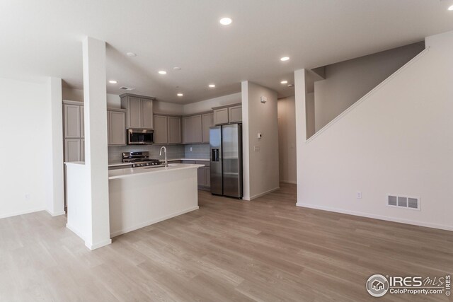 kitchen featuring sink, appliances with stainless steel finishes, an island with sink, light hardwood / wood-style floors, and backsplash