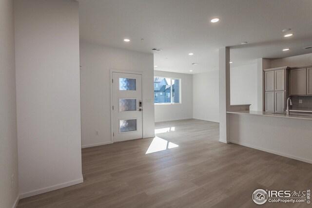 unfurnished living room with sink and hardwood / wood-style floors