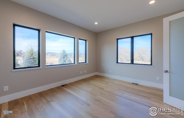 empty room featuring plenty of natural light, light wood-style floors, and baseboards
