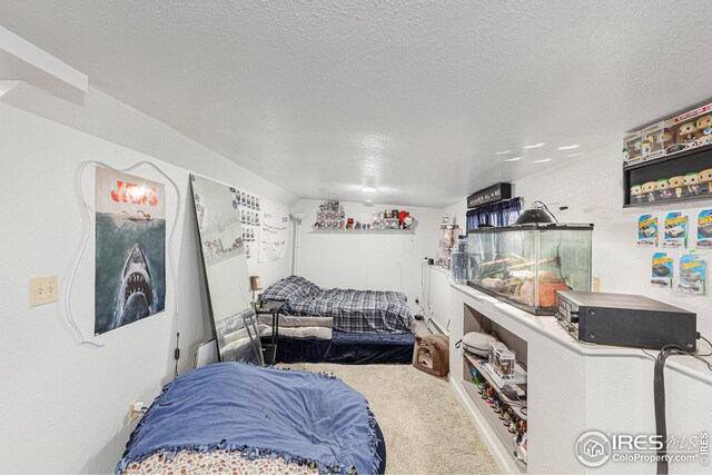 bedroom featuring a textured ceiling and carpet floors