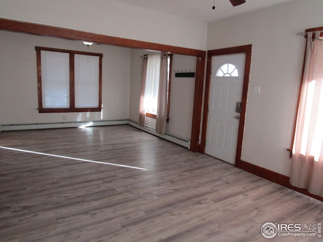 entrance foyer with light hardwood / wood-style flooring, a wealth of natural light, and ceiling fan