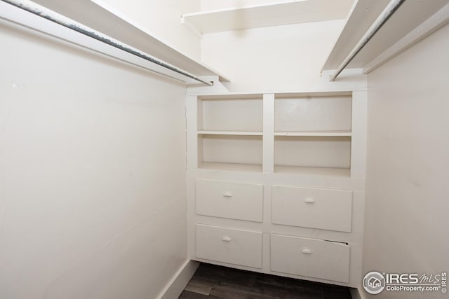 walk in closet with dark hardwood / wood-style flooring