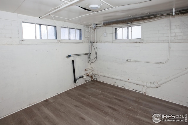 basement with dark hardwood / wood-style flooring