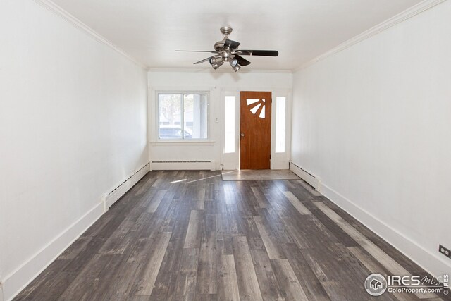 living room featuring ornamental molding, ceiling fan, and dark wood-type flooring