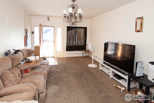 living room featuring carpet floors and a notable chandelier