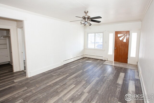 living room with dark hardwood / wood-style floors, ceiling fan, and crown molding