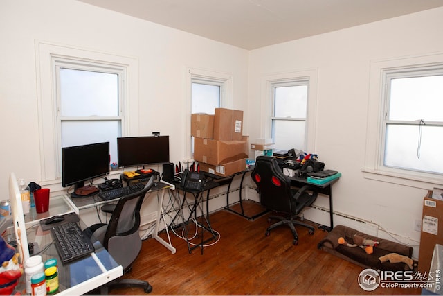 office with a baseboard radiator and dark hardwood / wood-style floors