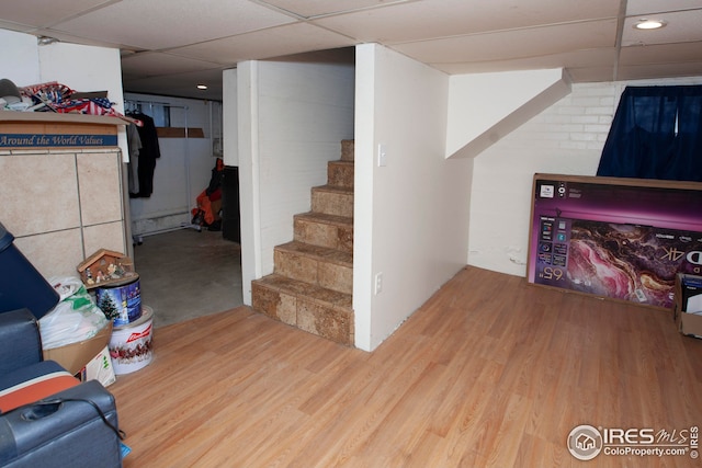 basement featuring hardwood / wood-style floors and a drop ceiling