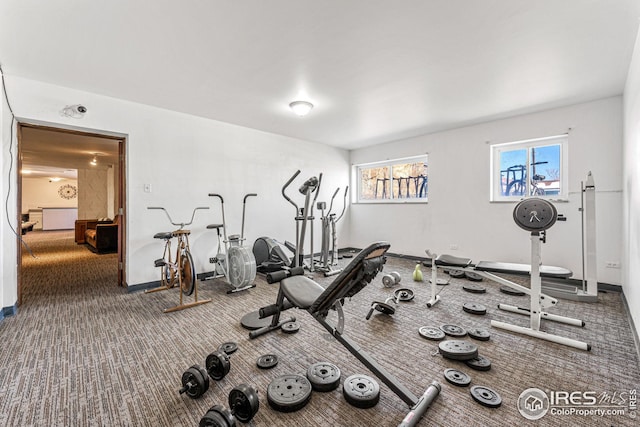 workout area featuring carpet floors