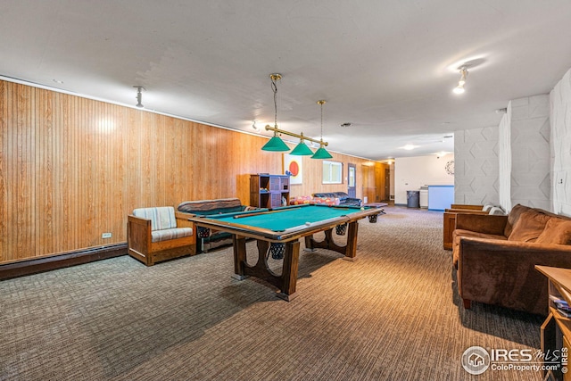 rec room featuring wood walls, carpet floors, a baseboard heating unit, and pool table