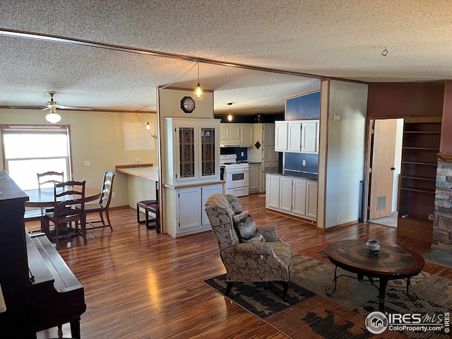 living room featuring ceiling fan, wood-type flooring, and a textured ceiling