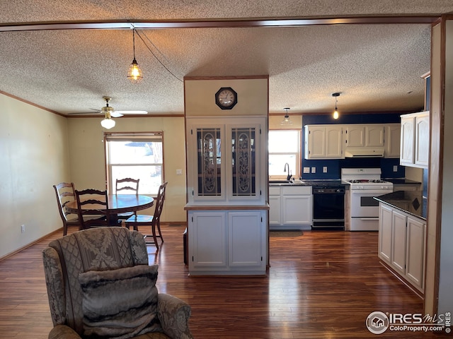 kitchen featuring dishwasher, pendant lighting, a textured ceiling, and white gas range