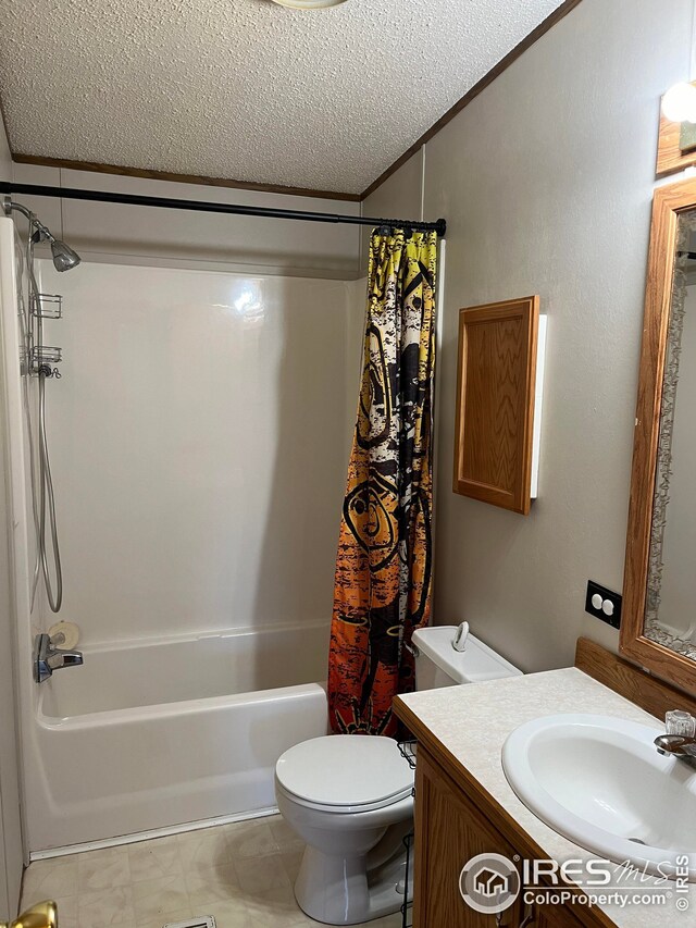 full bathroom featuring shower / tub combo, vanity, a textured ceiling, crown molding, and toilet