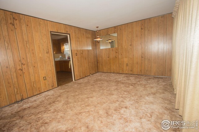 empty room featuring light carpet and wood walls