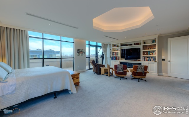 bedroom with light colored carpet