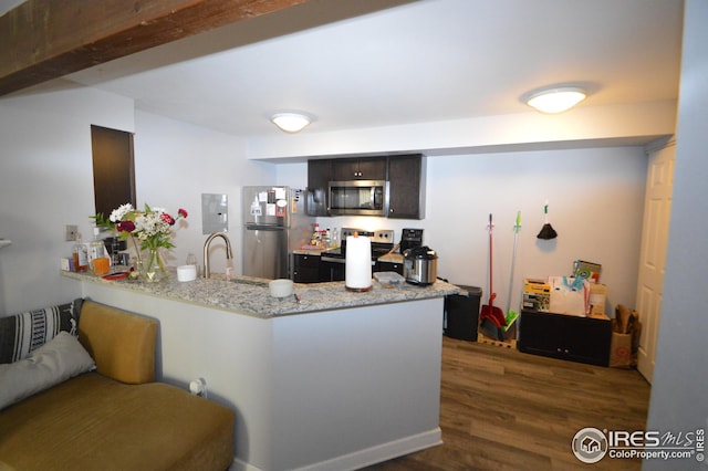 kitchen featuring dark brown cabinetry, dark wood-style flooring, a peninsula, stainless steel appliances, and a sink