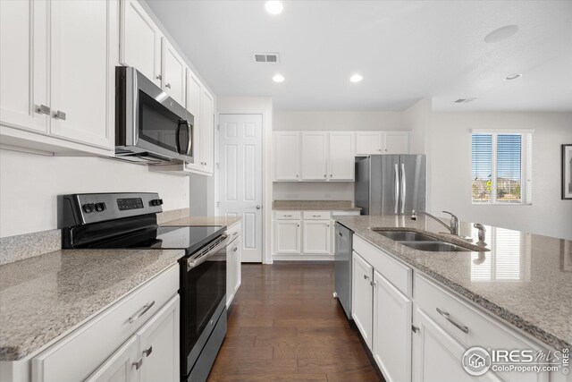 1604 Sorenson Dr, Windsor, CO 80550 - kitchen featuring dark wood-style flooring, a sink, stainless steel appliances, white cabinetry, and visible vents