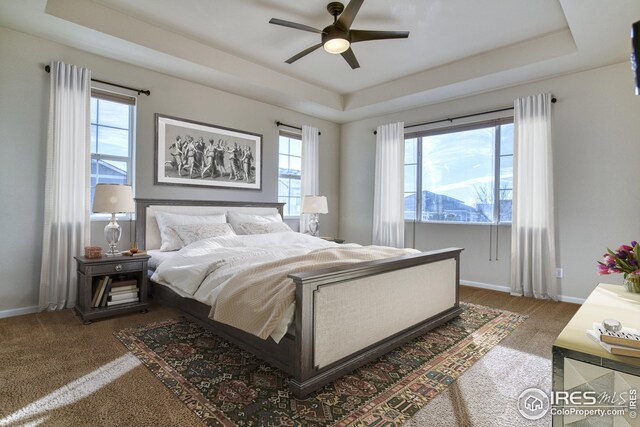 carpeted bedroom featuring ceiling fan, a raised ceiling, and multiple windows