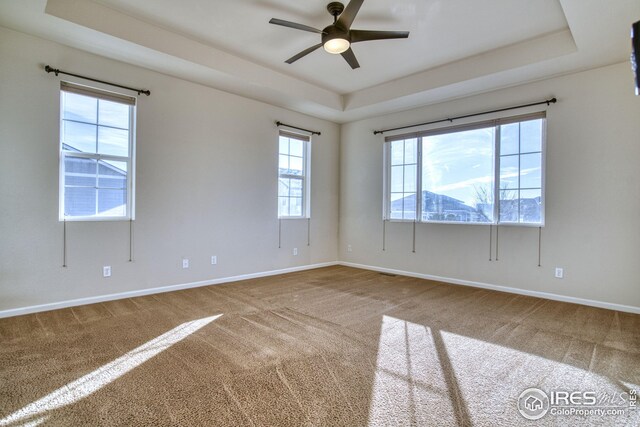 empty room with ceiling fan, carpet floors, and a tray ceiling