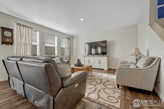 living area featuring baseboards and wood finished floors