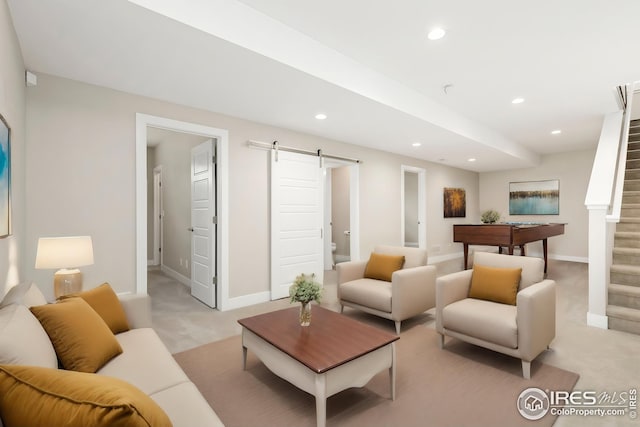 living area with a barn door, baseboards, light carpet, and recessed lighting