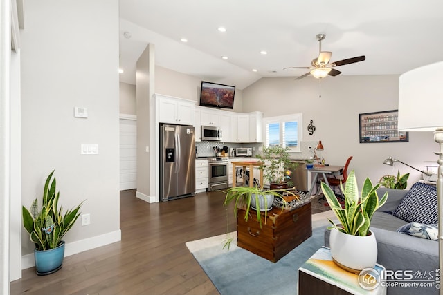 living room with ceiling fan, baseboards, a toaster, recessed lighting, and dark wood finished floors