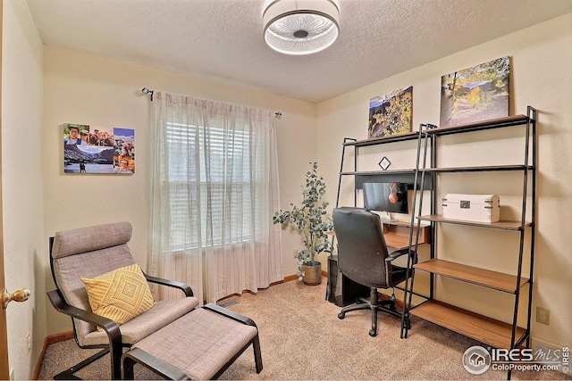 office with carpet and a textured ceiling